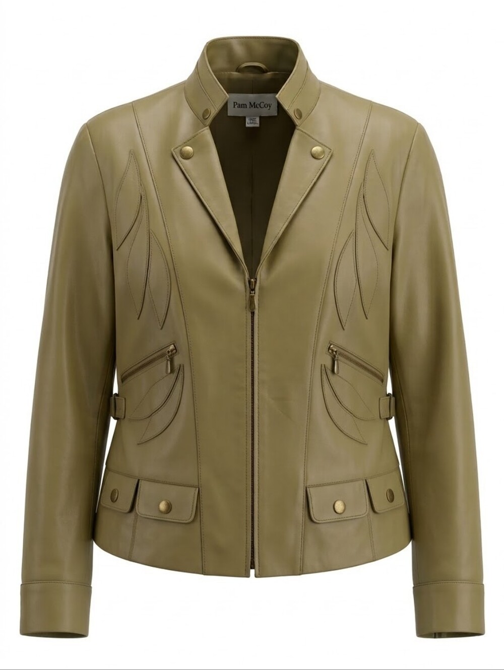 Pam McCoy Spanish Olive Green Leather Leaf Applique Moto Jacket Cottagecore